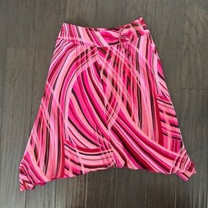 Y2K VTG Fairy Silk Context Midi Skirt Brown Pink Abstract Tie Waist Med